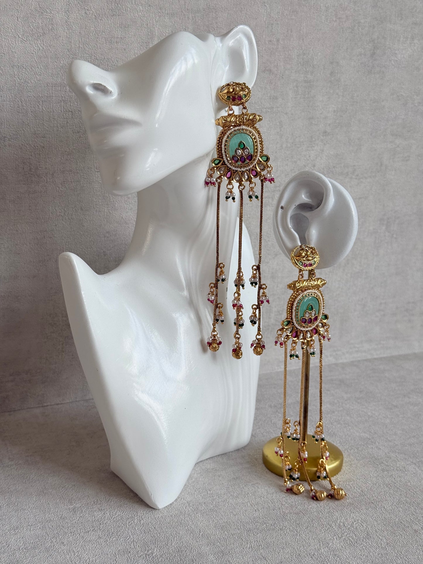 Ayura Designs Kaveri Earrings – Gold Long Chain Drop Earrings with Kundan, Pearls & Ghungroo Detailing – Mint Green