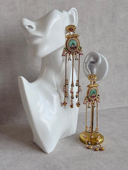 Ayura Designs Kaveri Earrings – Gold Long Chain Drop Earrings with Kundan, Pearls & Ghungroo Detailing – Mint Green