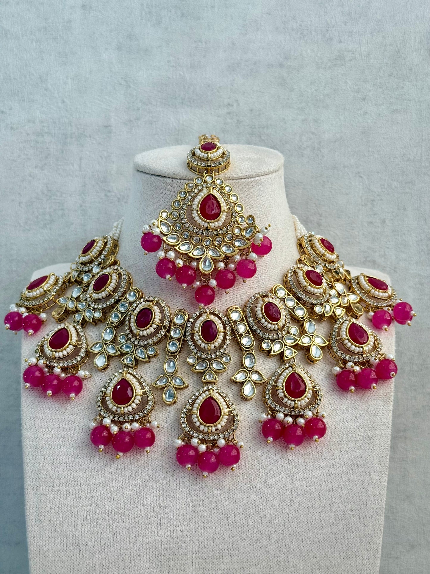 Ayura Designs Janvi Set with Necklace, Earrings & Tikka – Kundan Detailing, Hot Pink Beads & Ivory Pearl Drops