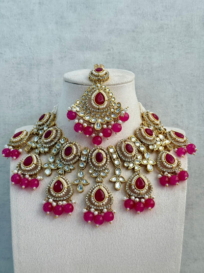 Ayura Designs Janvi Set with Necklace, Earrings & Tikka – Kundan Detailing, Hot Pink Beads & Ivory Pearl Drops