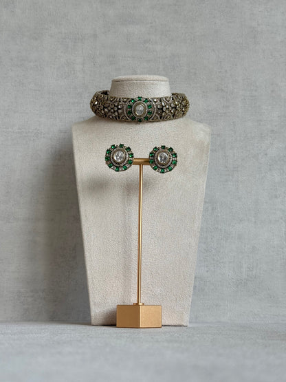 Ayura Designs Genevieve Choker Set with Studs – Emerald Green Crystal Kundan in Antique Gold