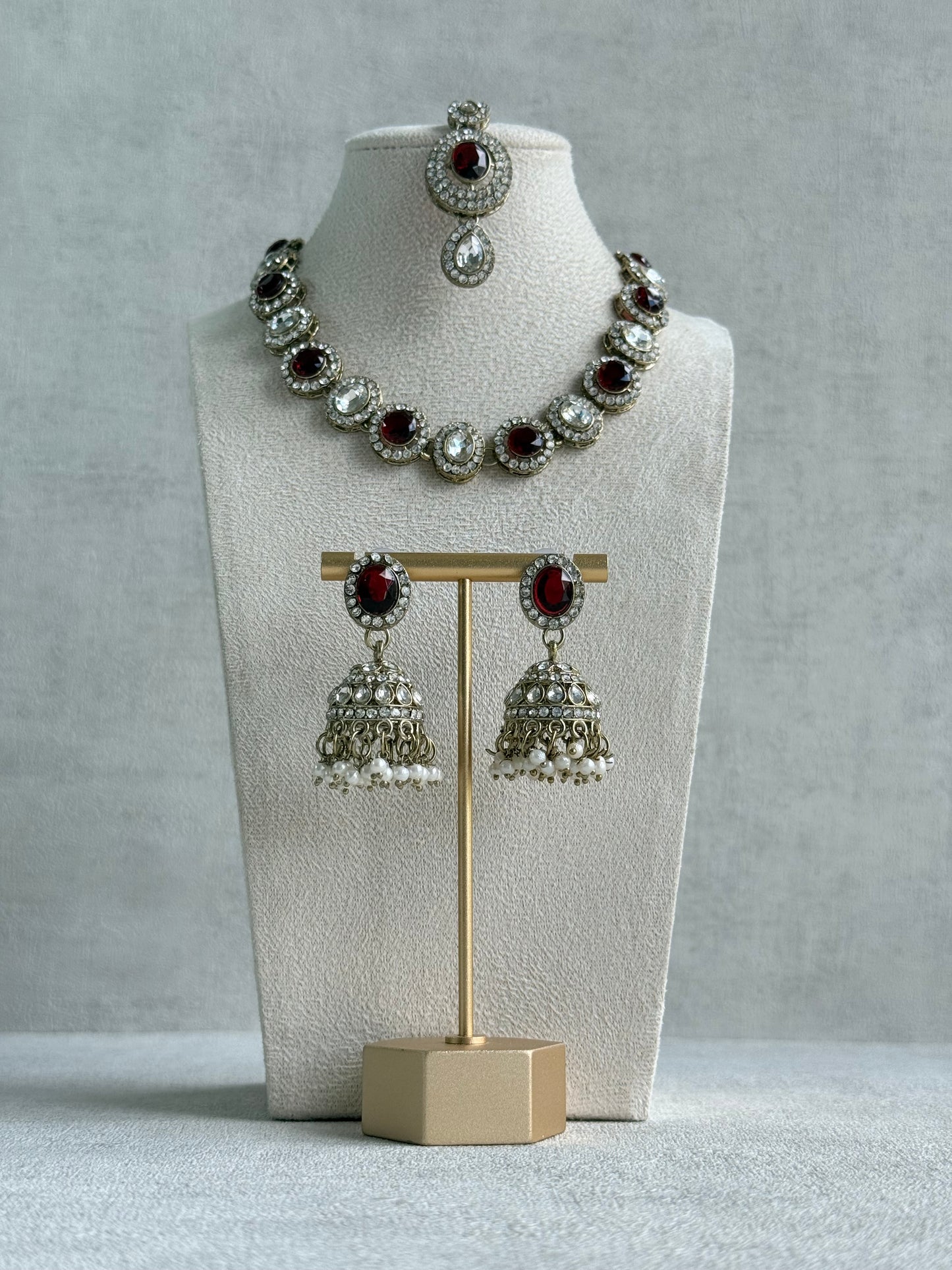 Ayura Designs Eira Necklace Set with Earrings & Tikka – Ruby Red & Crystal Stones with Antique Gold Finish