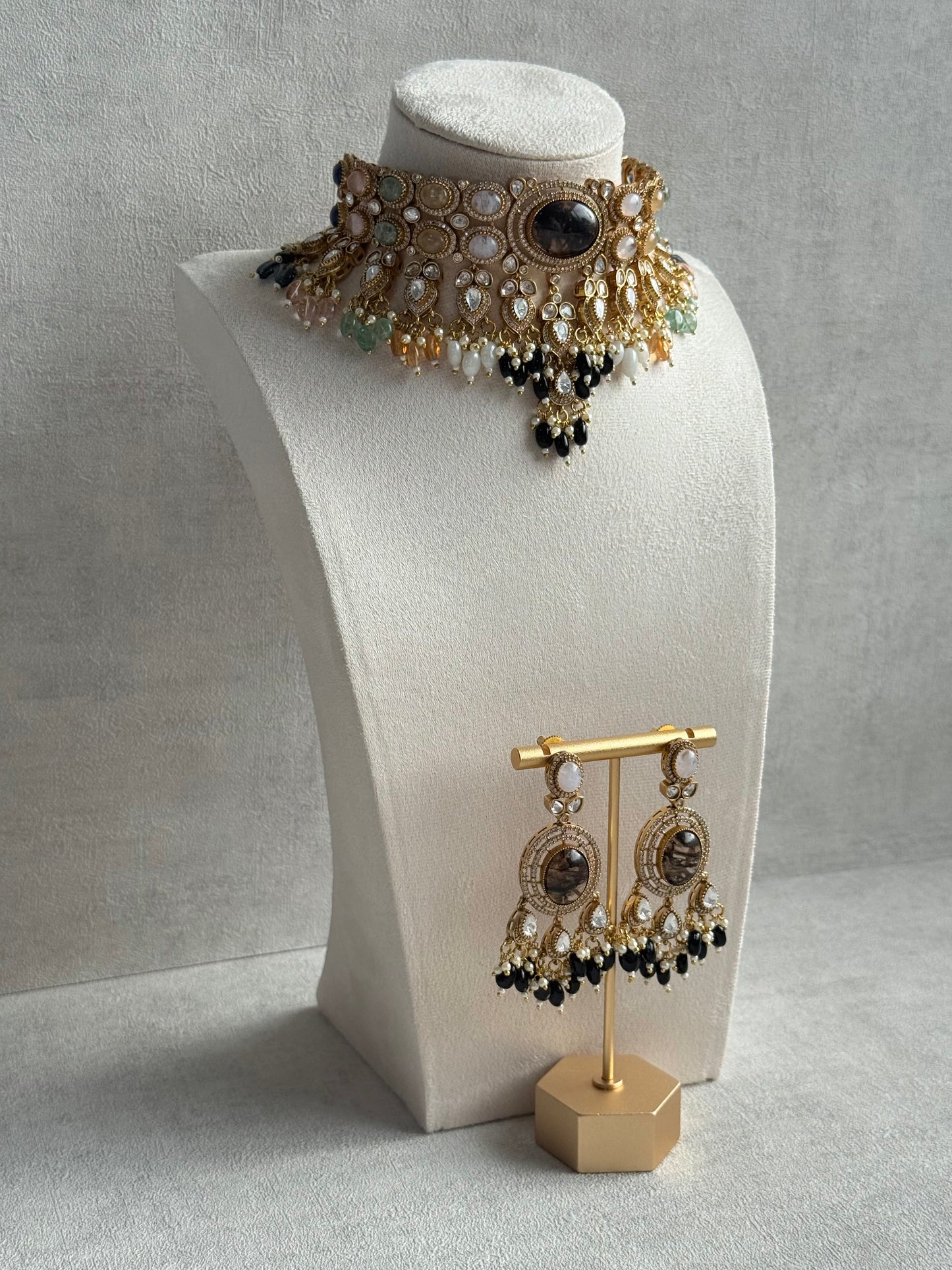 Ayura Designs Poppy Choker Set with Statement Earrings – Smoky Stone Centre with Pastel Beads, Pearls and Black Drops