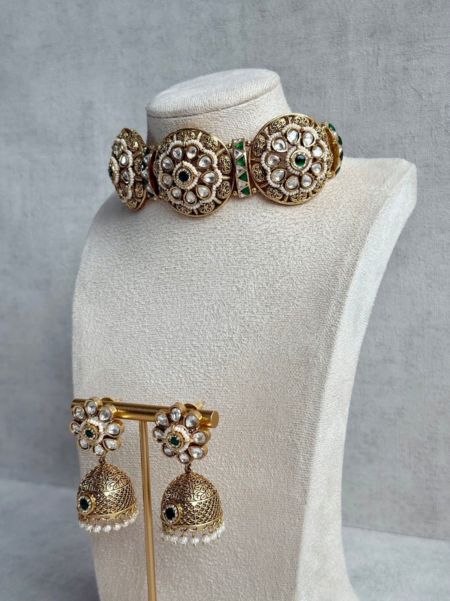 Ayura Designs Tanu Choker Set – Antique Gold Choker & Jhumkis with Ruby & Emerald Kundan and Pearl Borders
