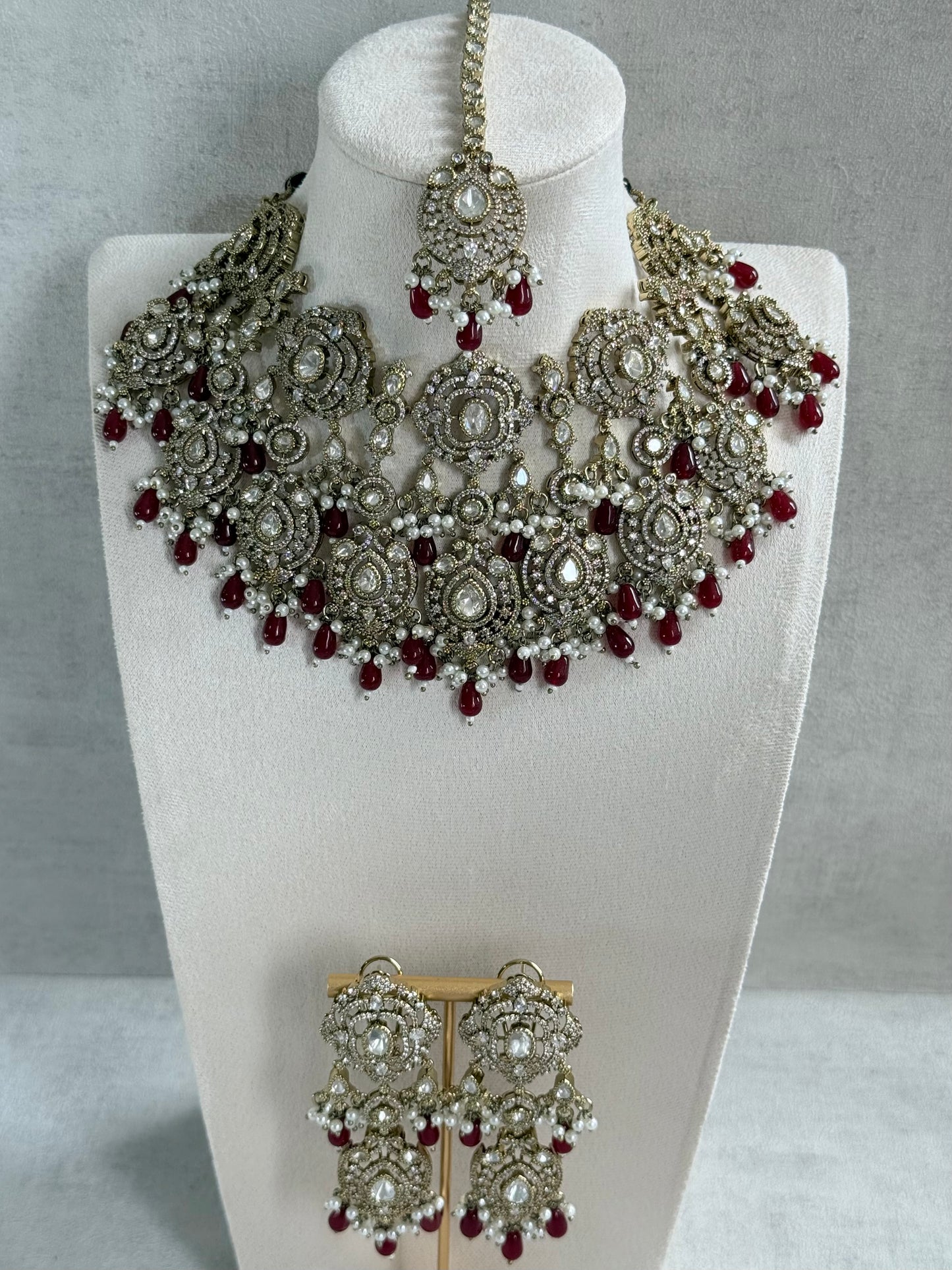 Ayura Designs Fazal Set with Necklace, Earrings & Tikka – Ruby Red Drops, Pearl Detailing & Moissanite Stonework