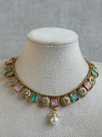 Ayura Designs Padma Necklace Set with Earrings – Blush Pink & Mint Green Stones with Pearl Drop Detailing