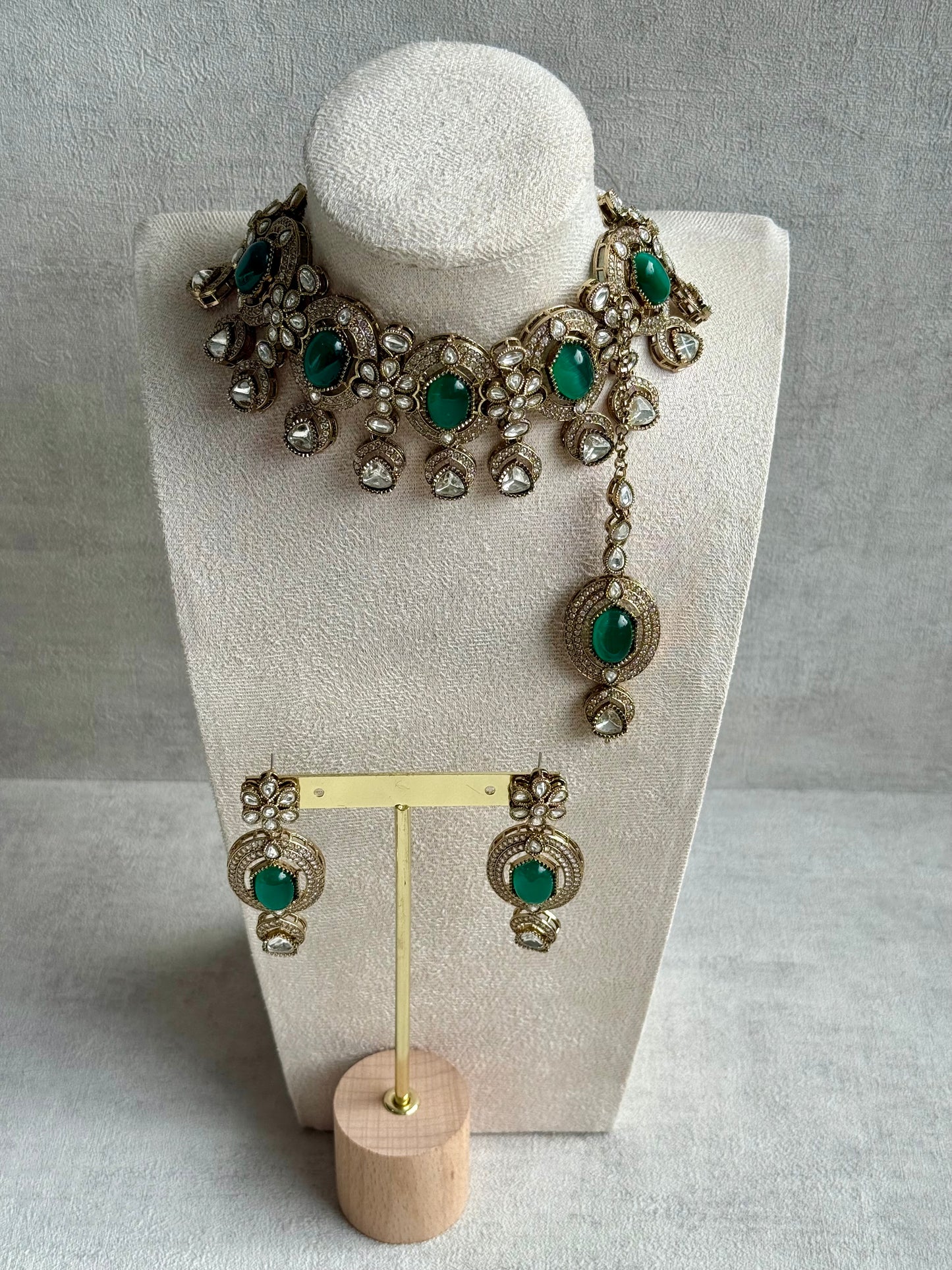 Ayura Designs Emanya Choker Set – Choker, Earrings & Tikka with Mirror-Cut Stones, Emerald Green & Antique Gold Detailing