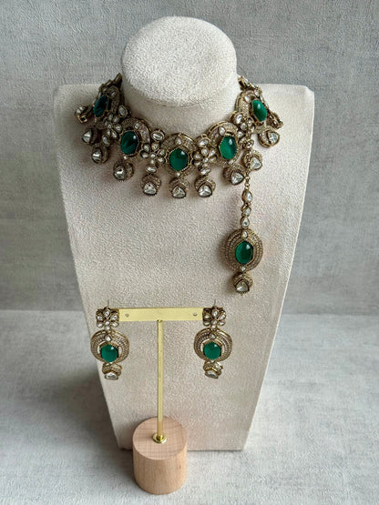 Ayura Designs Emanya Choker Set – Choker, Earrings & Tikka with Mirror-Cut Stones, Emerald Green & Antique Gold Detailing