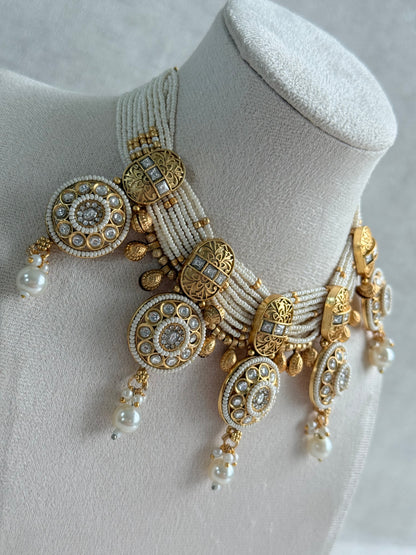 Ayura Designs Tabani Necklace Set with Jhumki Earrings – Kundan Medallion Design, Ivory Pearls & Antique Gold Finish