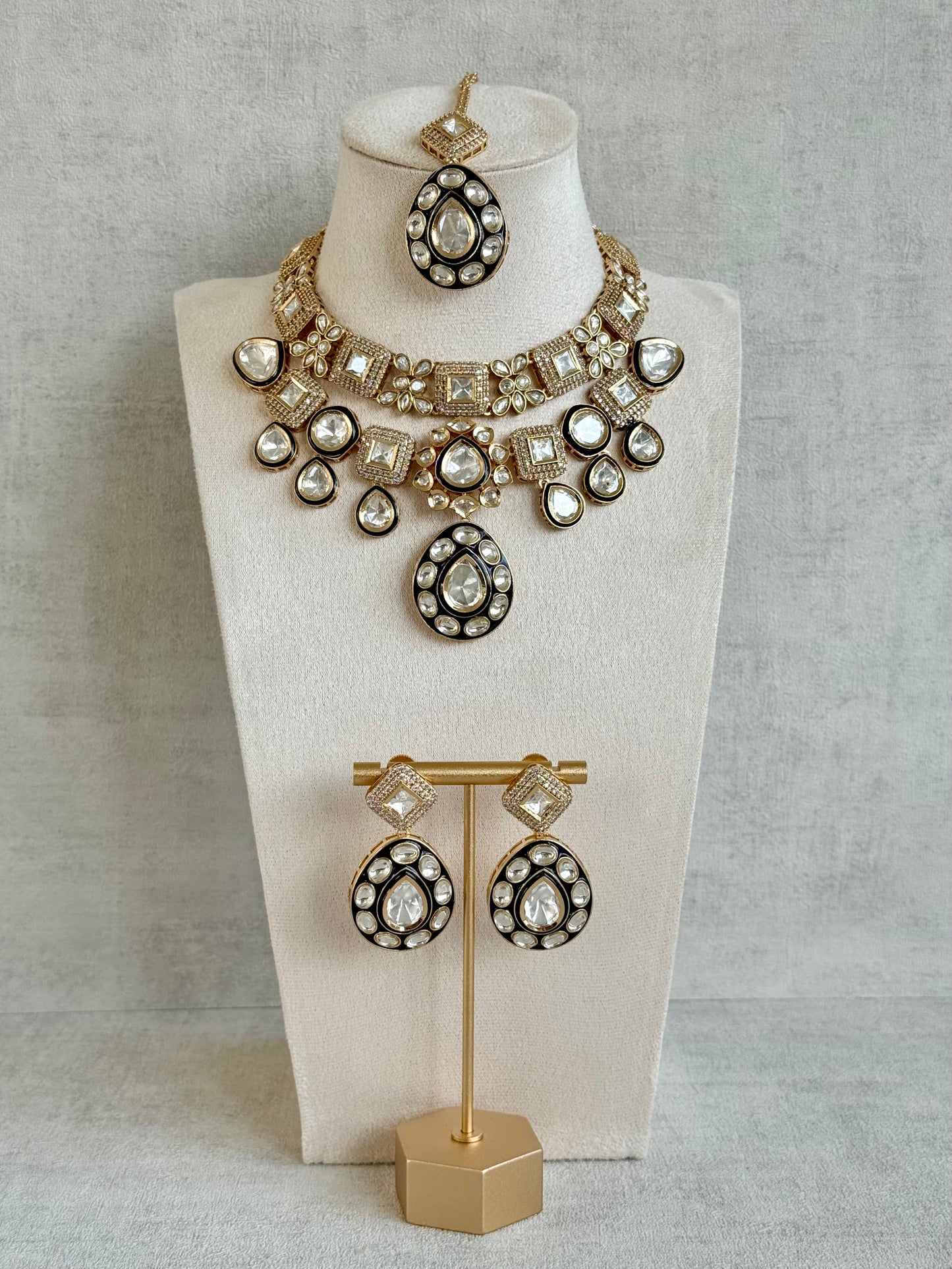 Ayura Designs Avani Set with Earrings & Tikka – Mirror-Cut Stones with Deep Blue Enamel Detailing & Crystal Borders