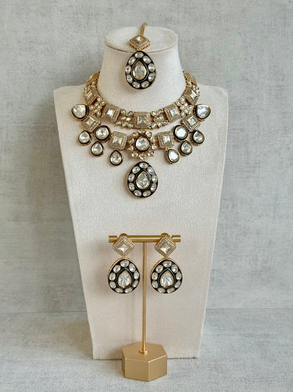 Ayura Designs Avani Set with Earrings & Tikka – Mirror-Cut Stones with Deep Blue Enamel Detailing & Crystal Borders
