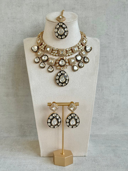 Ayura Designs Avani Set with Earrings & Tikka – Mirror-Cut Stones with Deep Blue Enamel Detailing & Crystal Borders