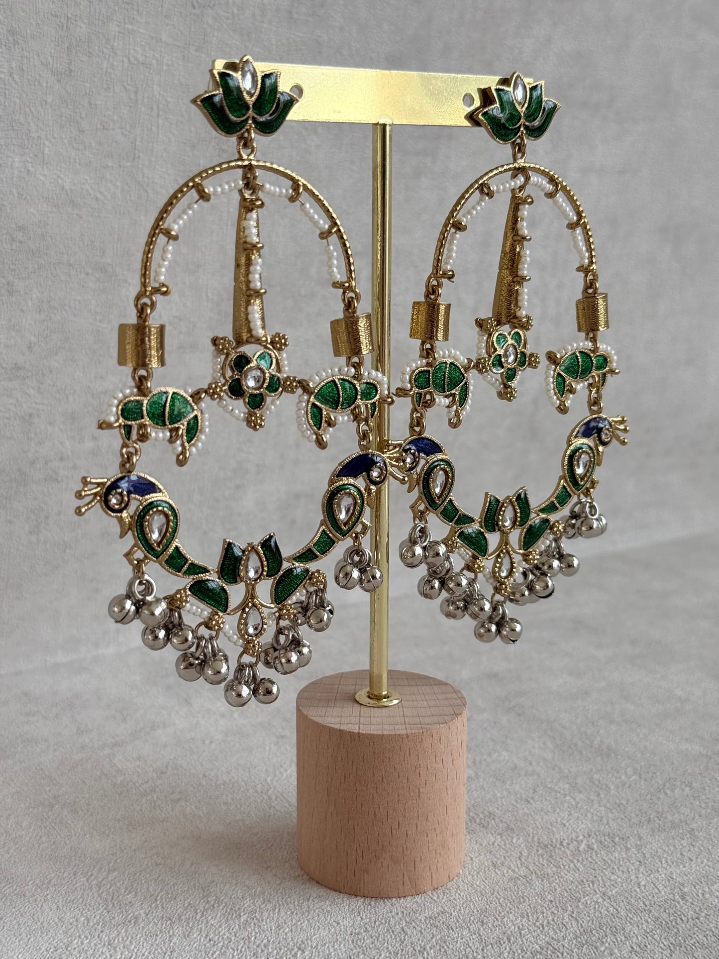 Ayura Designs Zoonpari Earrings – Emerald Green & Blue Meenakari Peacock Chandeliers in Dual Tone with Ghungroos