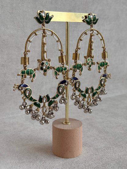 Ayura Designs Zoonpari Earrings – Emerald Green & Blue Meenakari Peacock Chandeliers in Dual Tone with Ghungroos