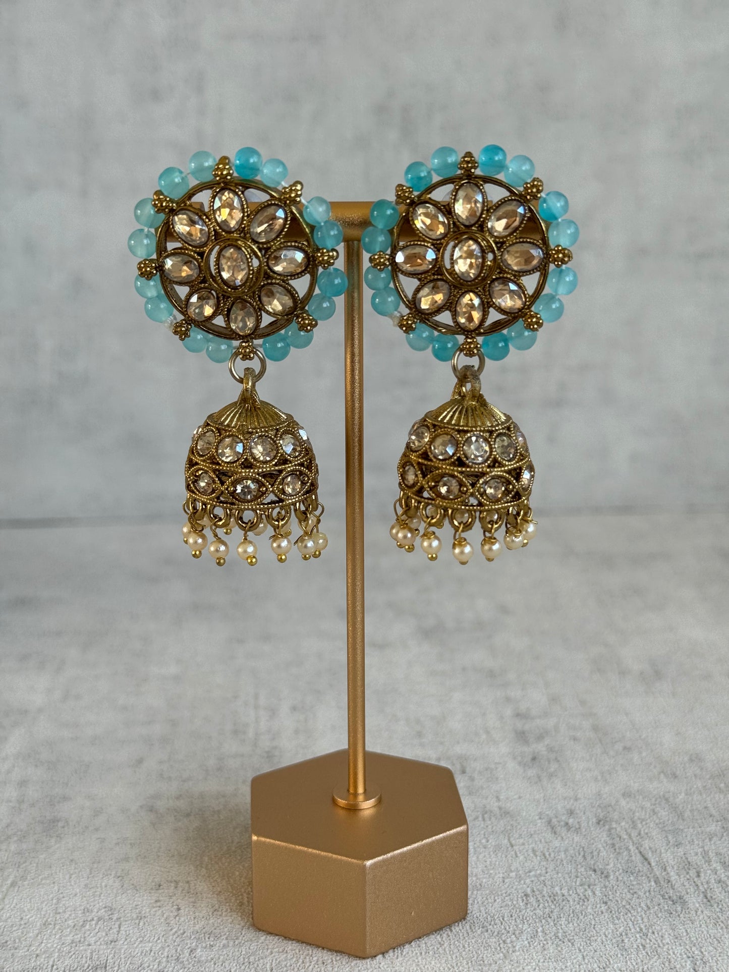 Ayura Designs Huma Set with Jhumkis & Tikka – Mirror-Cut Stones, Aqua Blue Beads & Pearl Detailing
