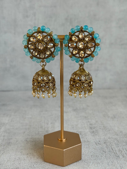 Ayura Designs Huma Set with Jhumkis & Tikka – Mirror-Cut Stones, Aqua Blue Beads & Pearl Detailing