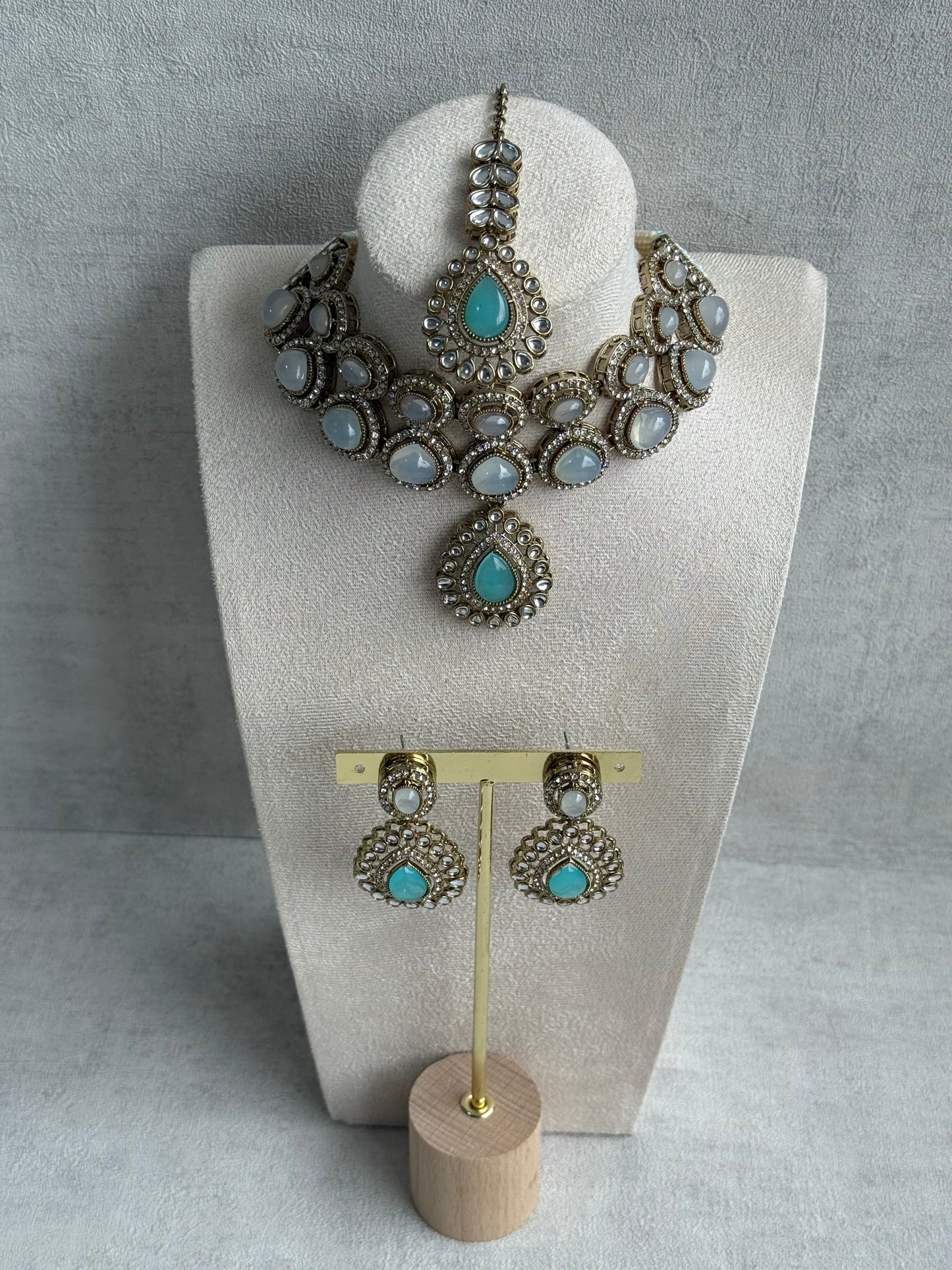 Ayura Designs Tamara Set with Necklace, Earrings & Tikka – Aqua & Opal Stones with Kundan Detailing in Antique Gold Finish