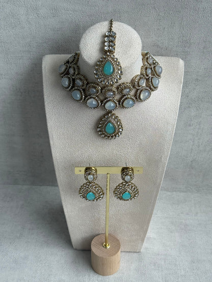 Ayura Designs Tamara Set with Necklace, Earrings & Tikka – Aqua & Opal Stones with Kundan Detailing in Antique Gold Finish