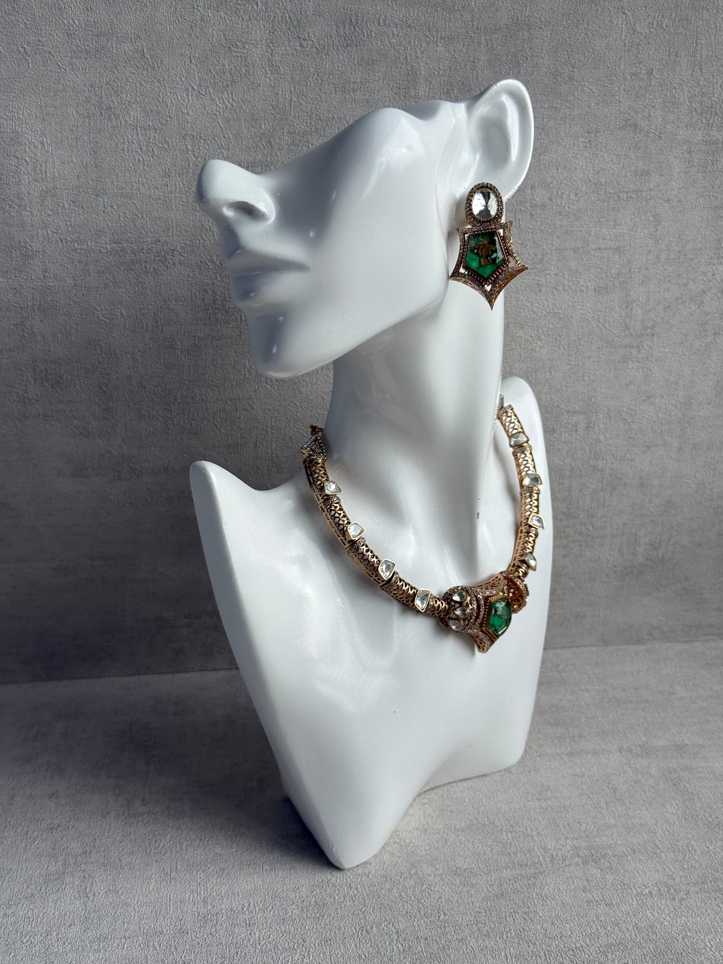 Ayura Designs Krupa Set – Necklace & Earrings with Green Stone featuring Natural Marbling, Mirror-Cut Kundan & Antique Gold Detailing