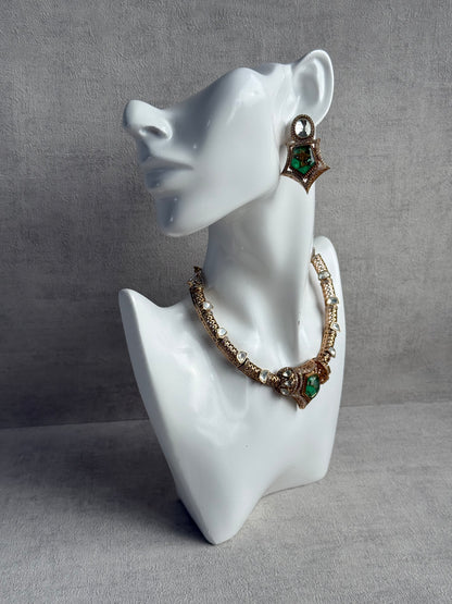 Ayura Designs Krupa Set – Necklace & Earrings with Green Stone featuring Natural Marbling, Mirror-Cut Kundan & Antique Gold Detailing