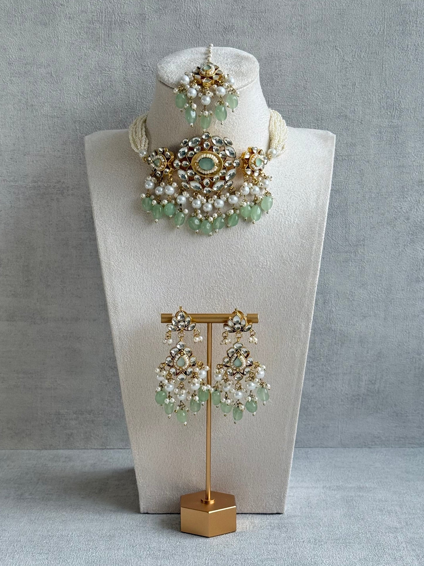 Ayura Designs Tasveer Pachi Kundan Choker Set with Earrings, Tikka & Mint Green Bead Detailing