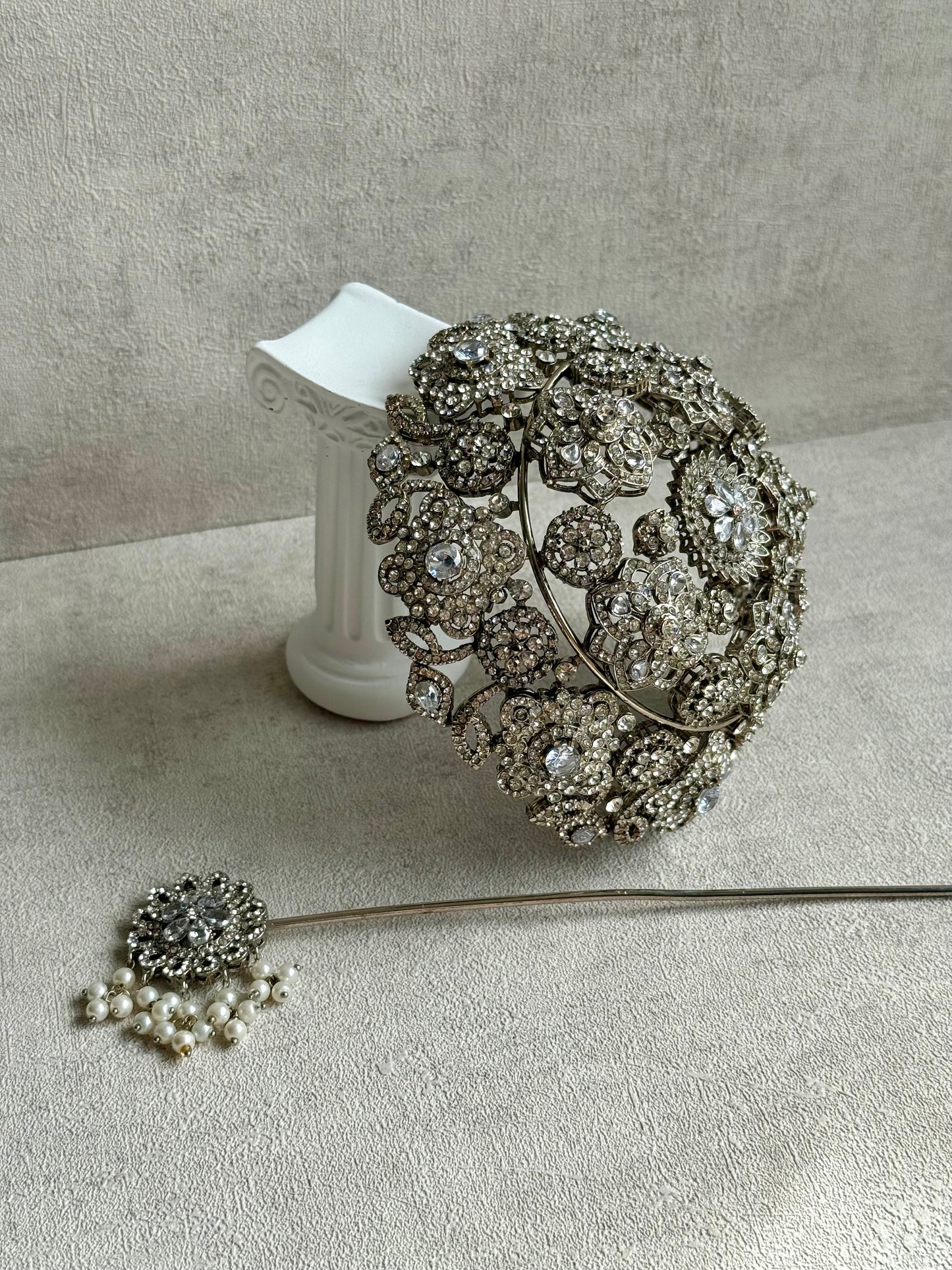 Ayura Designs Lotus Hair Bun Cover – Antique Silver with Mirror-Cut Stones & Floral Detailing