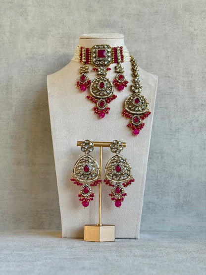 Ayura Designs Zarmeen Choker Set with Earrings & Tikka – Mirror-Cut Stones, Antique Gold Finish and Hot Pink Beads