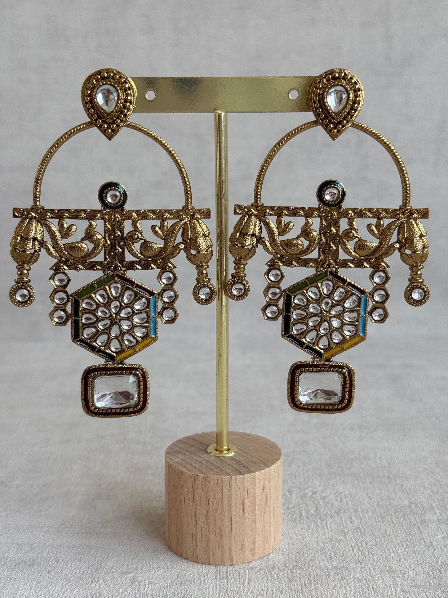 Ayura Designs Irene Earrings – Multicolour Kundan, Meenakari & Crystal Peacock Chandeliers in Gold
