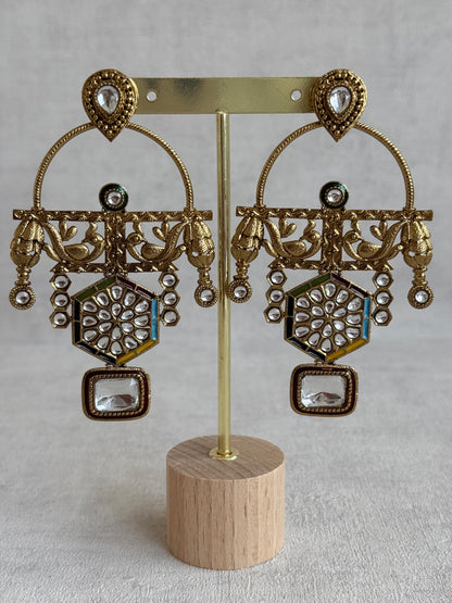 Ayura Designs Irene Earrings – Multicolour Kundan, Meenakari & Crystal Peacock Chandeliers in Gold