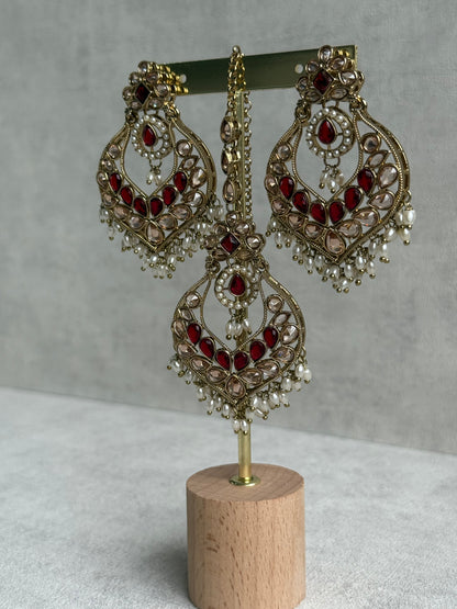 Ayura Designs Damini Tikka Set – Mirror-Cut Kundan Earrings & Tikka with Ruby Red Enamel and Pearl Detailing