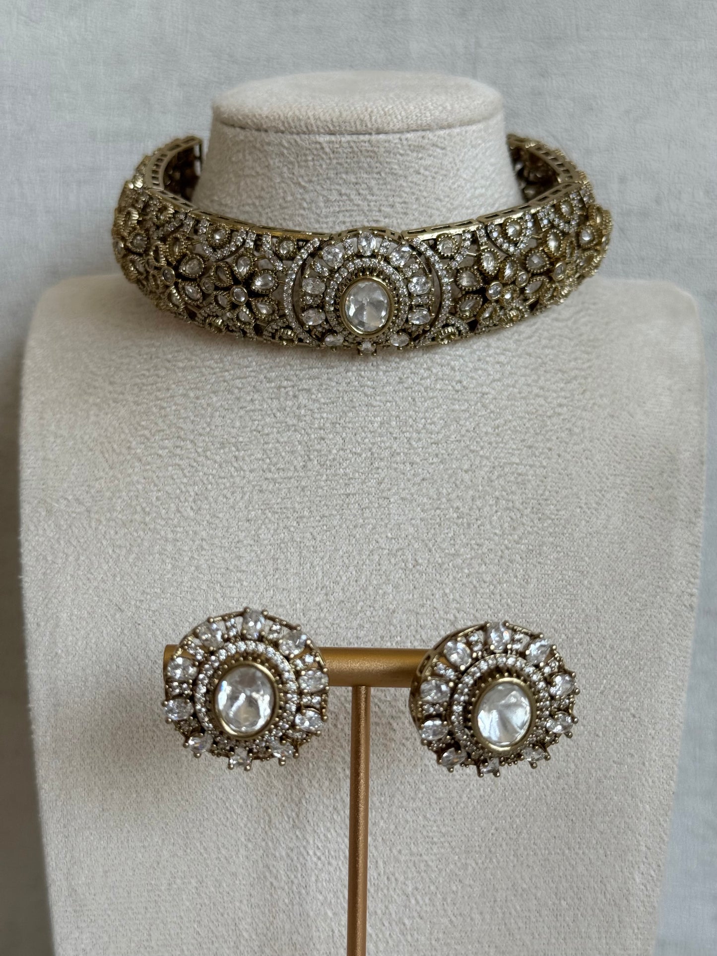 Ayura Designs Genevieve Choker Set with Studs – Crystal Kundan in Antique Gold