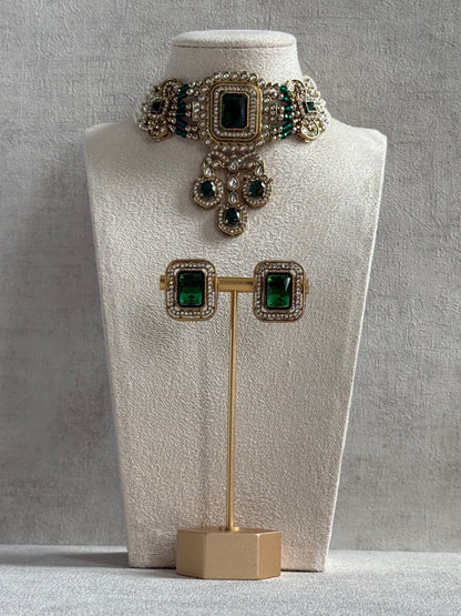 Ayura Designs Nabiha Choker Set with Studs – Emerald Green Stones, Pearl Detailing & Antique Gold Finish
