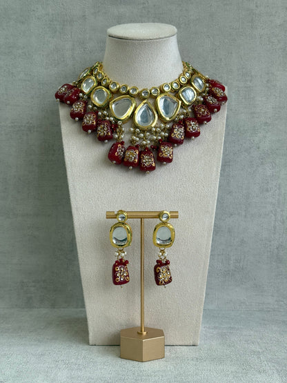 Ayura Designs Omika Set With Necklace And Earrings – Kundan Stones And Ruby Red Meenakari Drops