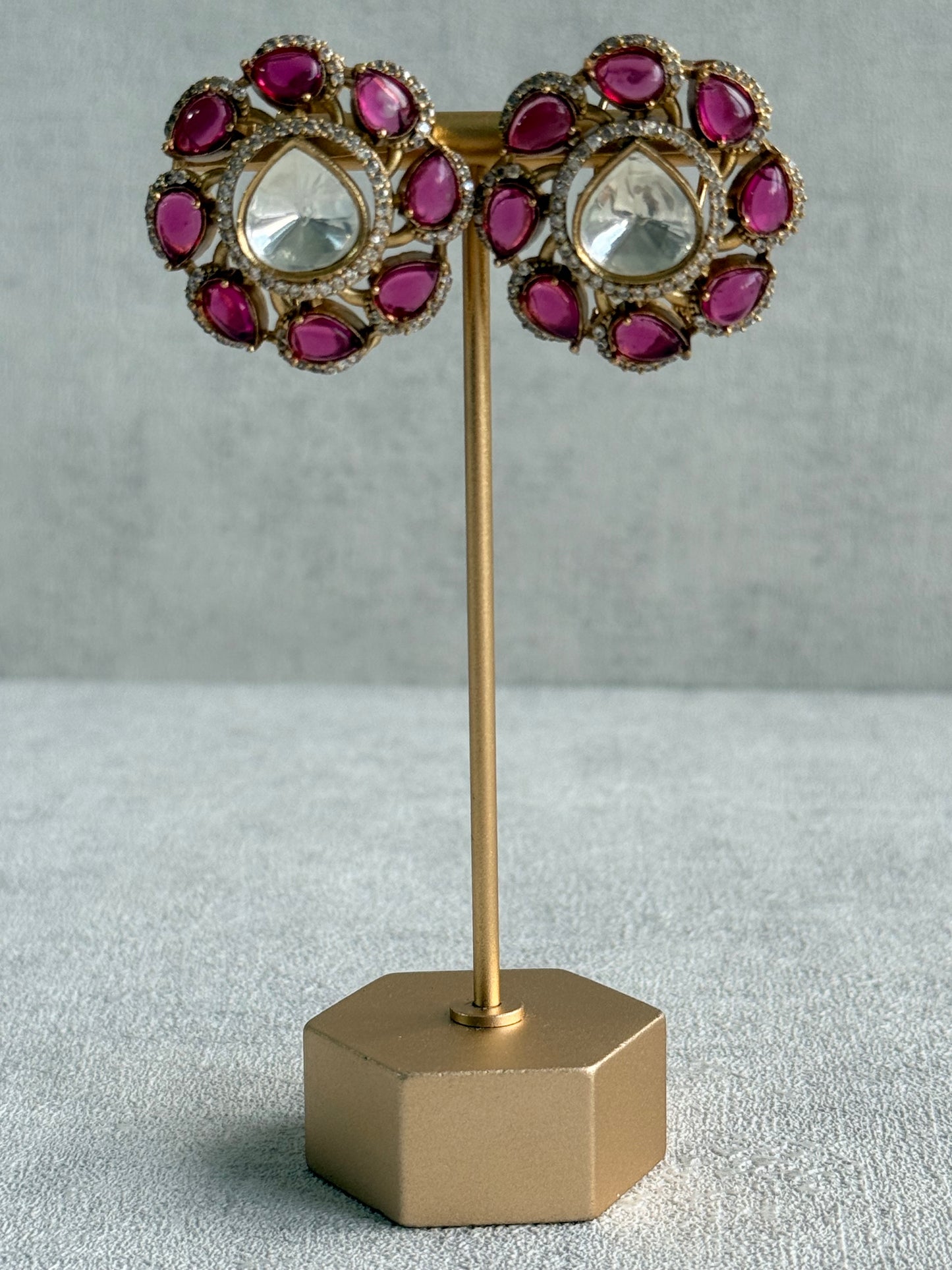 Ayura Designs Giana Stud Earrings – Rani Pink & Crystal Kundan with Gold Finish