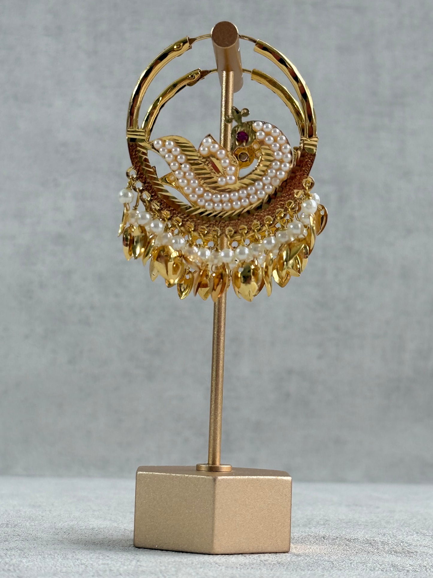 Ayura Designs Hansi Balis – Peacock Design with Pearl & Pippal Patti Detailing in Gold Finish