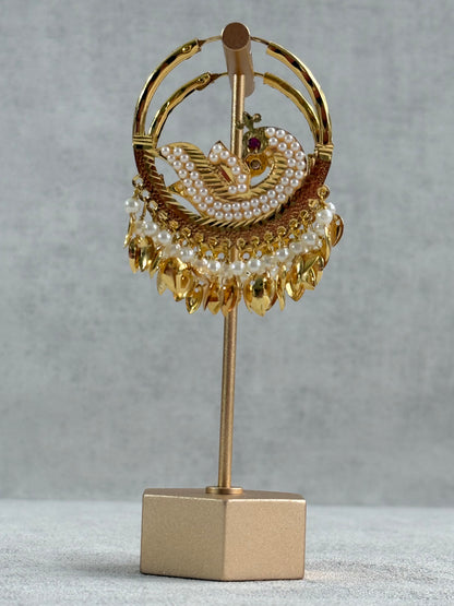 Ayura Designs Hansi Balis – Peacock Design with Pearl & Pippal Patti Detailing in Gold Finish