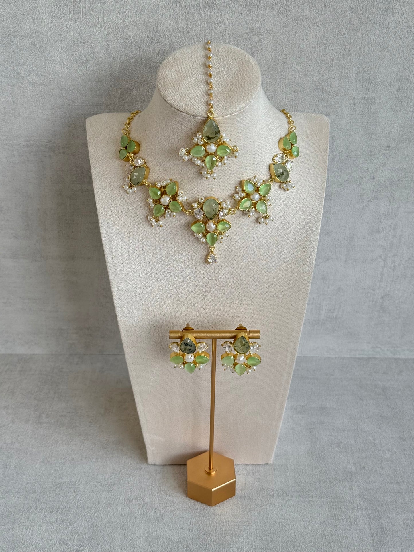 Ayura Designs Zaria Set with Tikka & Earrings – Prehnite with Pearls & Crystals