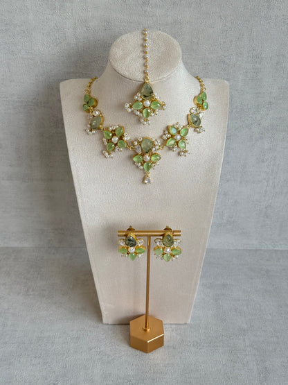 Ayura Designs Zaria Set with Tikka & Earrings – Prehnite with Pearls & Crystals