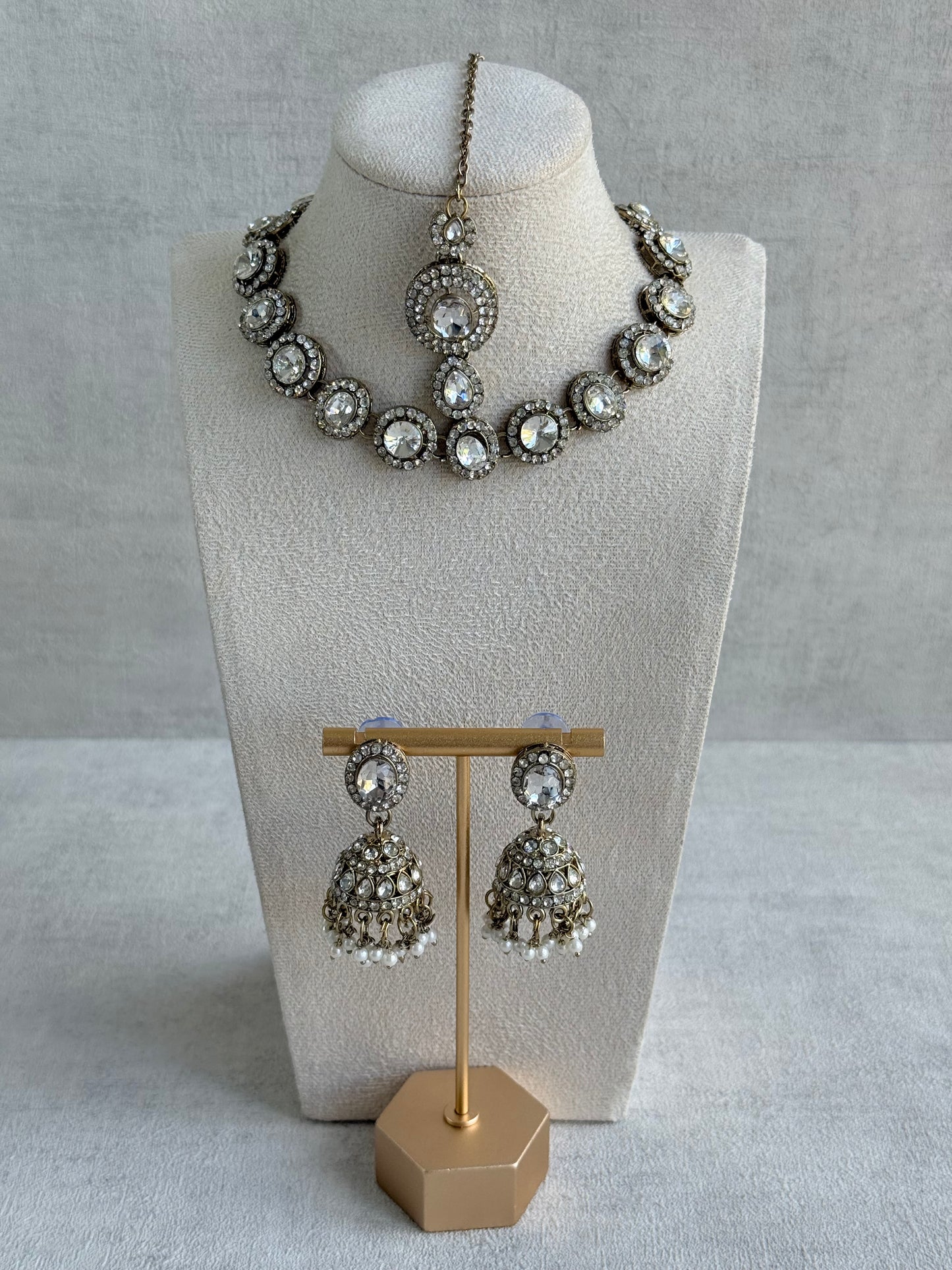 Ayura Designs Eira Necklace Set with Earrings & Tikka – Crystal Stones with Antique Gold Finish