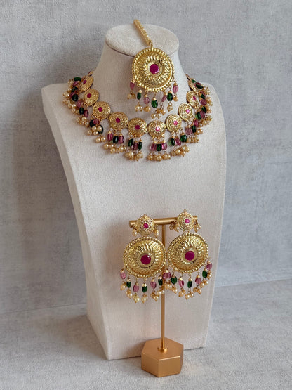 Ayura Designs Jyoti Set with Earrings & Tikka – Gold Disc Necklace with Ruby Pink, Emerald Green & Pearl Detailing