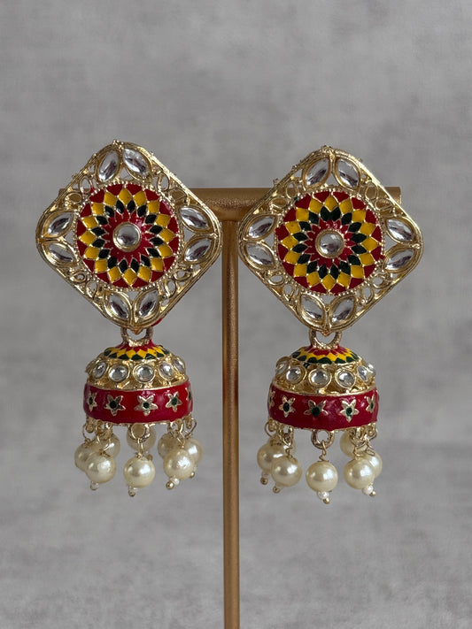 Ayura Designs Rangoli Jhumkis – Marigold Yellow, Deep Red & Forest Green Meenakari with Pearl Drops in Antique Gold Finish