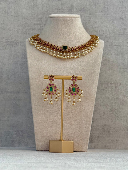 Ayura Designs Chahat Set – Necklace & Earrings with Rani Pink Meenakari, Kundan Stones, Emerald Accents & Pearl Detailing