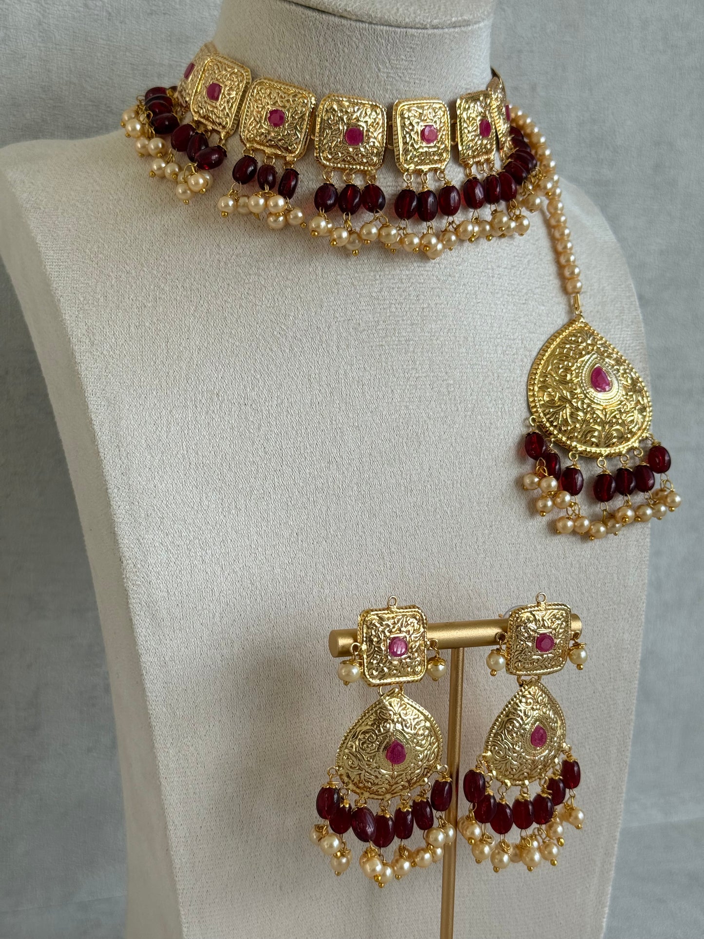 Ayura Designs Chetna Choker Set with Earrings & Tikka – Maroon Beads, Cream Pearl Drops with Pipal Patti Detailing