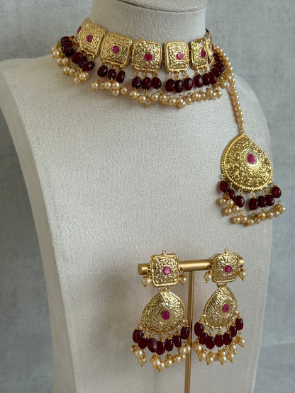 Ayura Designs Chetna Choker Set with Earrings & Tikka – Maroon Beads, Cream Pearl Drops with Pipal Patti Detailing
