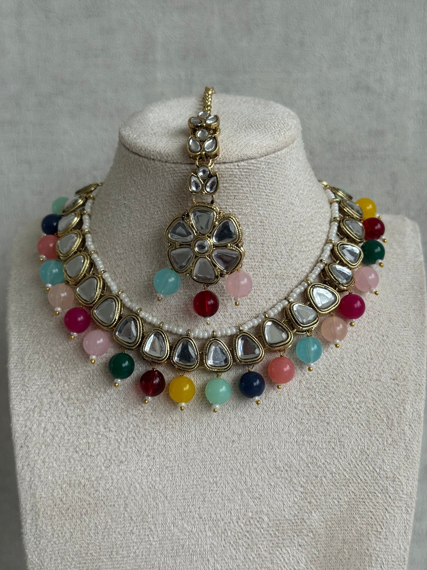 Ayura Designs Mishal Set with Jhumkis & Tikka – Ivory Pearls & Mirror-Cut Stones
