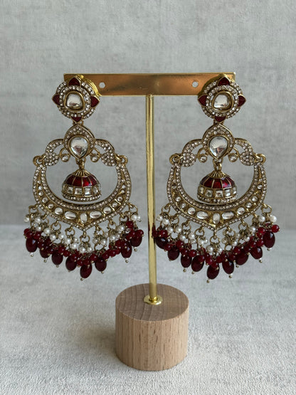 Ayura Designs Reha Earrings – Statement Chandbalis with Maroon Beads, Pearls & Mirror-Cut Stones