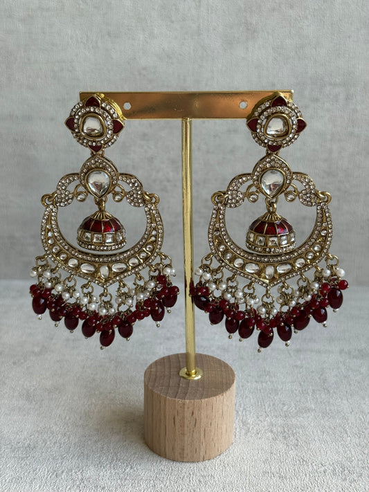 Ayura Designs Reha Earrings – Statement Chandbalis with Maroon Beads, Pearls & Mirror-Cut Stones