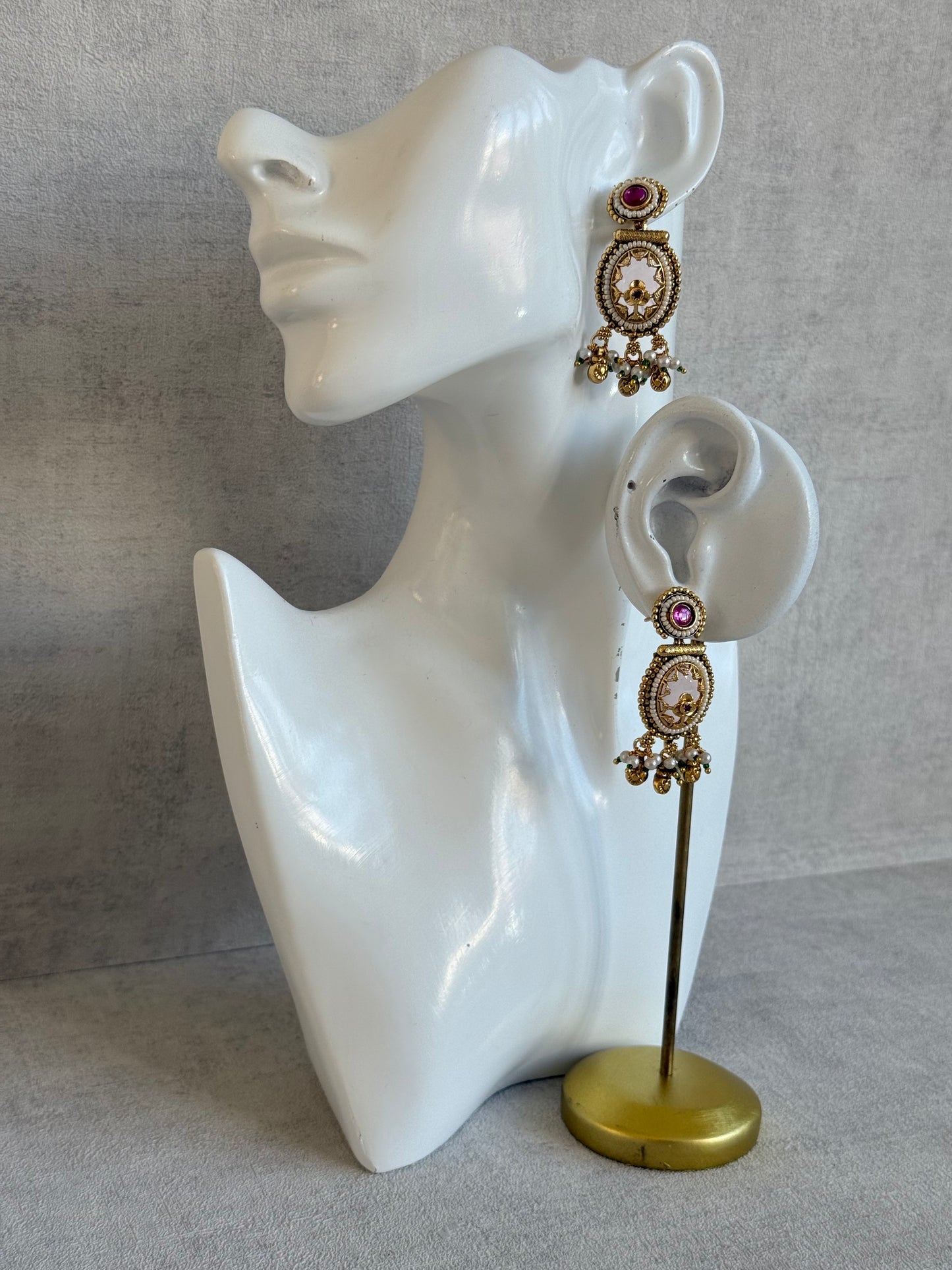 Ayura Designs Enjal Earrings – Blush Pink Enamel, Pearl Beading, Pink Stone & Gold Finish