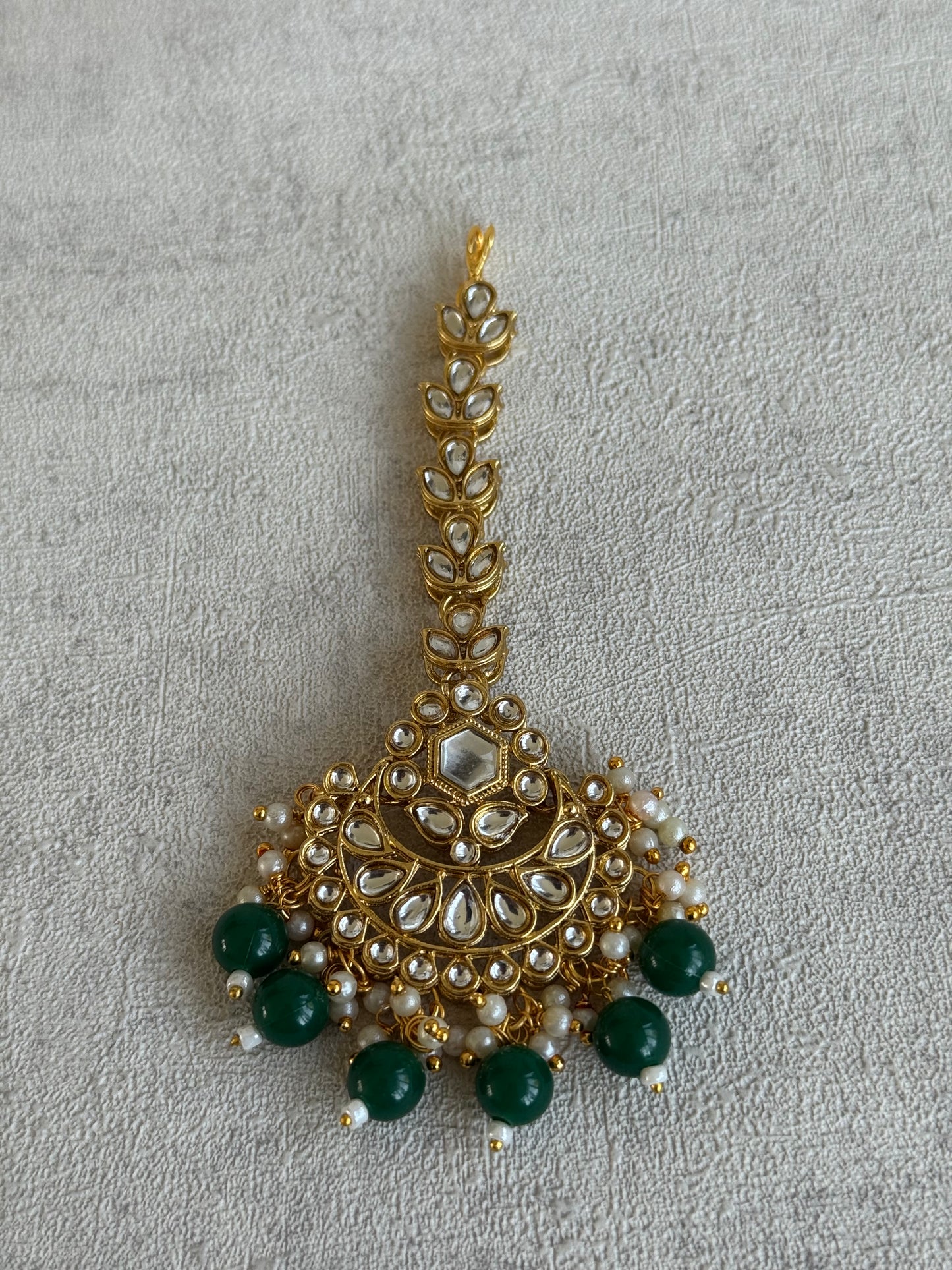 Ayura Designs Shaheen Set with Jhumkis & Tikka – Emerald Green Beads, Mirror Kundan & Gold Finish