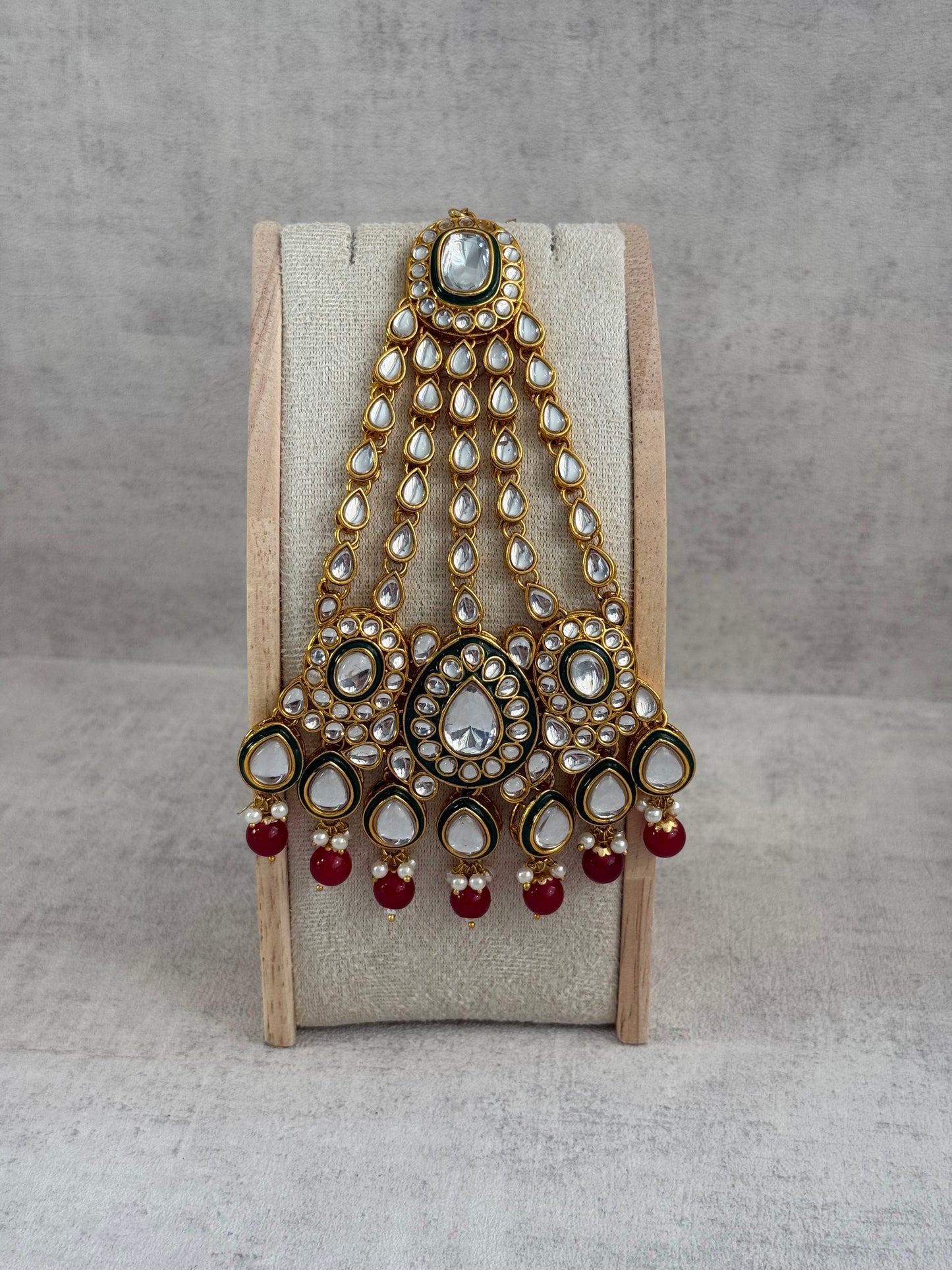 Ayura Designs Jashan Set with Necklace, Earrings, Tikka & Passa – Kundan Detailing, Pearl Drops & Ruby Red Beads